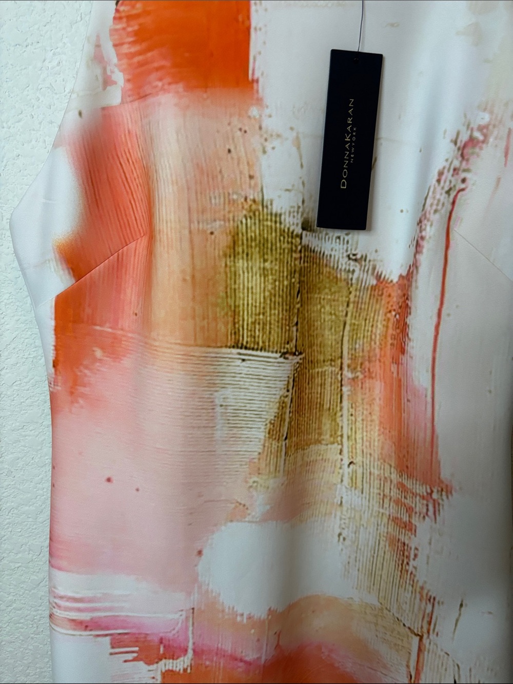 Donna Karan White Sheath Dress with Coral & Gold Brushstroke Print - Picture 4 of 7
